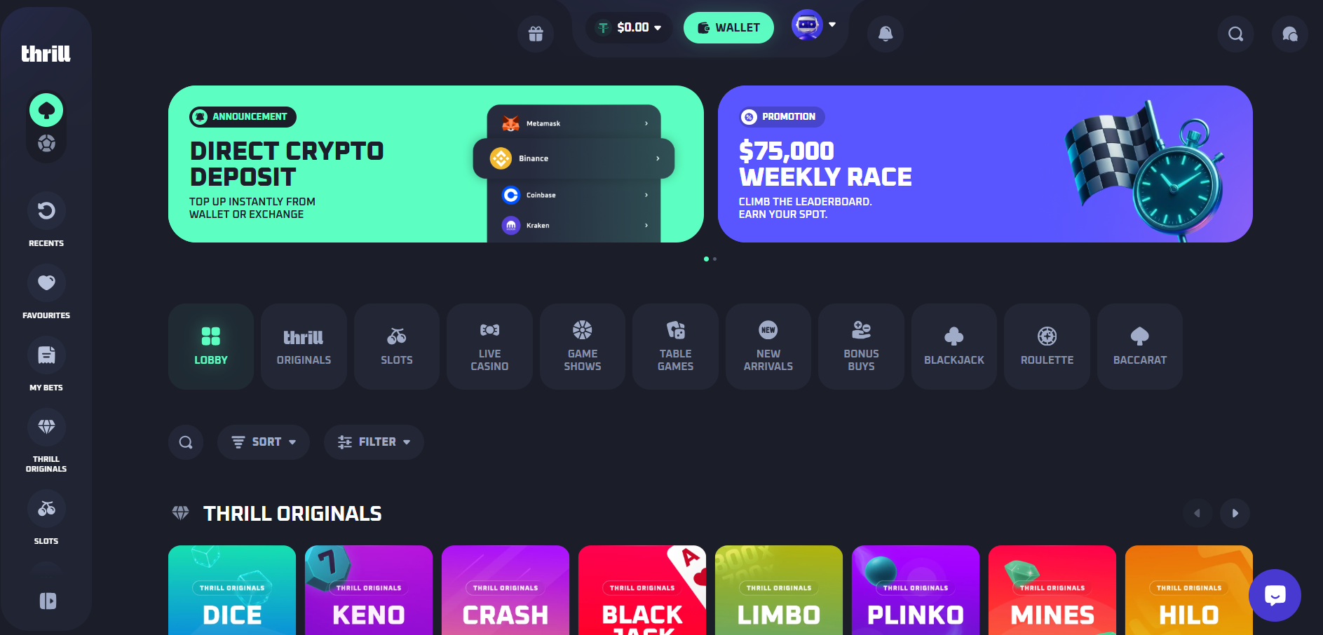 Thrill Casino homepage