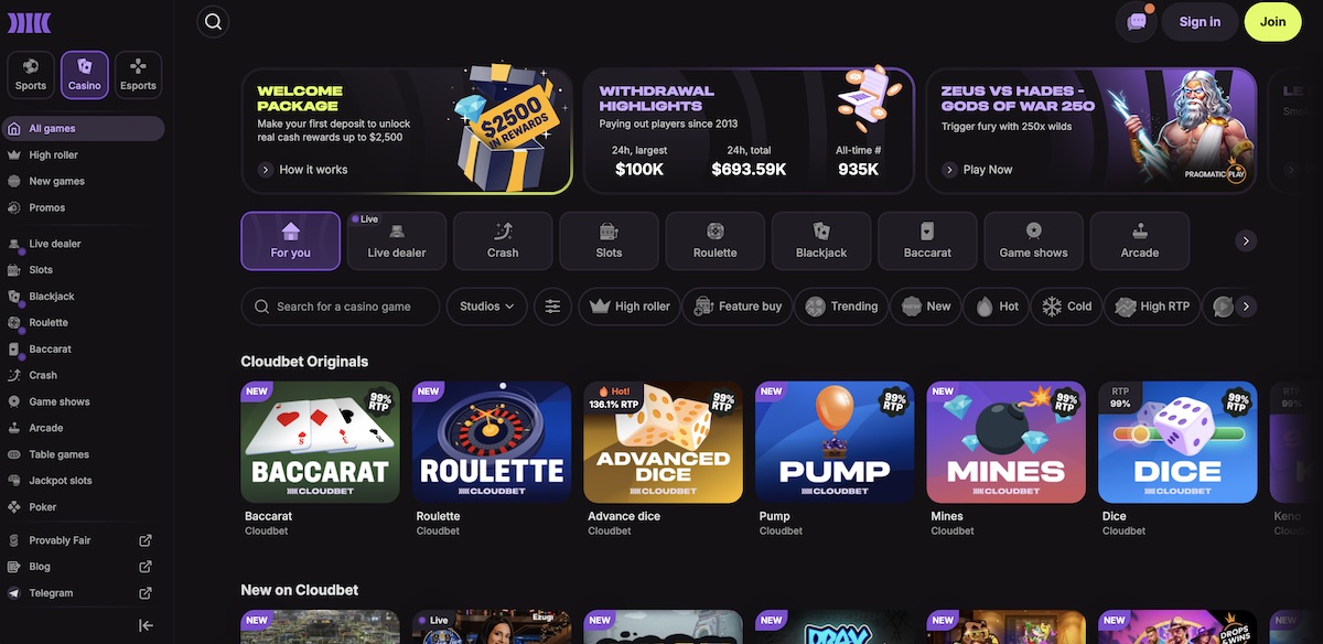 Cloudbet home page